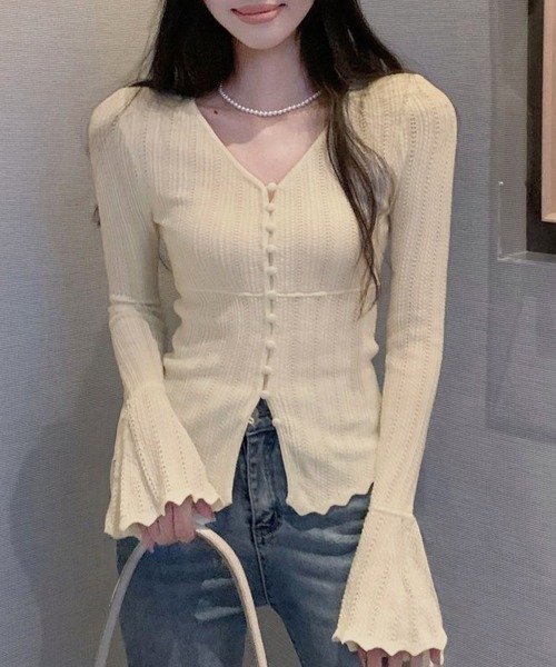 Miniministore（ミニミニストア）の「透かし編みニットフレア袖サマーニット春服（ニット/セーター・レディース・ブラック/アイボリー・FREE）」の4枚目の写真