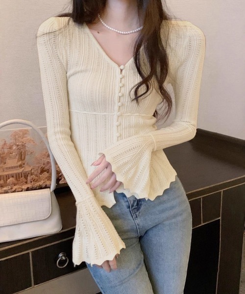 Miniministore（ミニミニストア）の「透かし編みニットフレア袖サマーニット春服（ニット/セーター・レディース・ブラック/アイボリー・FREE）」の9枚目の写真
