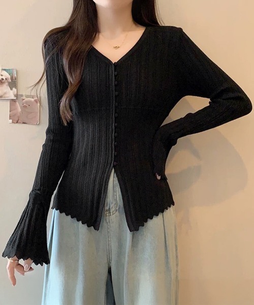Miniministore（ミニミニストア）の「透かし編みニットフレア袖サマーニット春服（ニット/セーター・レディース・ブラック/アイボリー・FREE）」の11枚目の写真