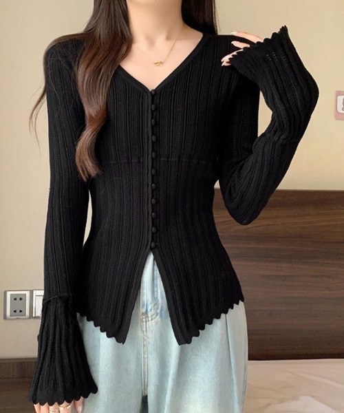Miniministore（ミニミニストア）の「透かし編みニットフレア袖サマーニット春服（ニット/セーター・レディース・ブラック/アイボリー・FREE）」の12枚目の写真