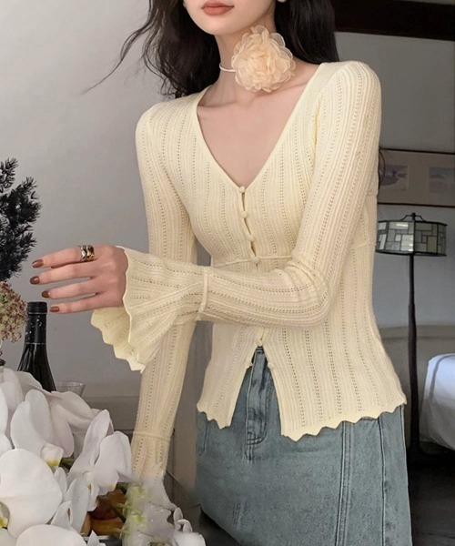 Miniministore（ミニミニストア）の「透かし編みニットフレア袖サマーニット春服（ニット/セーター・レディース・ブラック/アイボリー・FREE）」の15枚目の写真