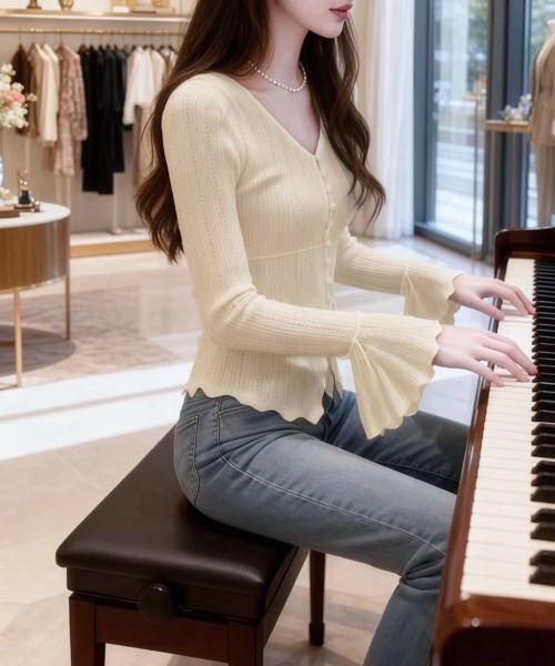 Miniministore（ミニミニストア）の「透かし編みニットフレア袖サマーニット春服（ニット/セーター・レディース・ブラック/アイボリー・FREE）」の16枚目の写真