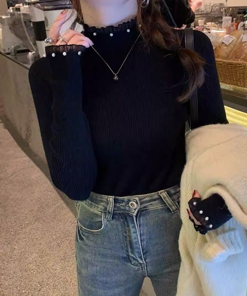 Miniministore（ミニミニストア）の「リブニットトップス ハイネック長袖春秋冬（ニット/セーター・レディース・アイボリー/ブラック/ベージュ/ホワイト・FREE）」の9枚目の写真