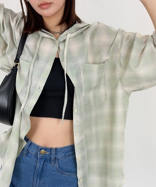 mellomela.(メロメラ)の「フードビッグチェックシャツ(シャツ/ブラウス・レディース・ブラック/オフホワイト/グリーン・FREE)」の3枚目の写真