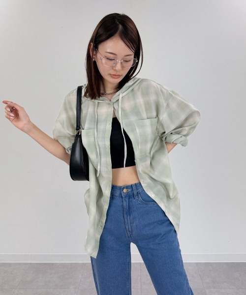 mellomela.(メロメラ)の「フードビッグチェックシャツ(シャツ/ブラウス・レディース・ブラック/オフホワイト/グリーン・FREE)」の9枚目の写真