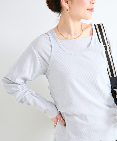 B.C STOCK(ベーセーストック)の「《2枚セット》ウォッシャブル / タンクセットロンTEE(Tシャツ/カットソー・レディース・チャコールグレー/ブラック・FREE)」の1枚目の写真
