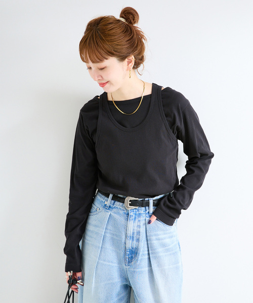 B.C STOCK(ベーセーストック)の「《2枚セット》ウォッシャブル / タンクセットロンTEE(Tシャツ/カットソー・レディース・チャコールグレー/ブラック・FREE)」の2枚目の写真