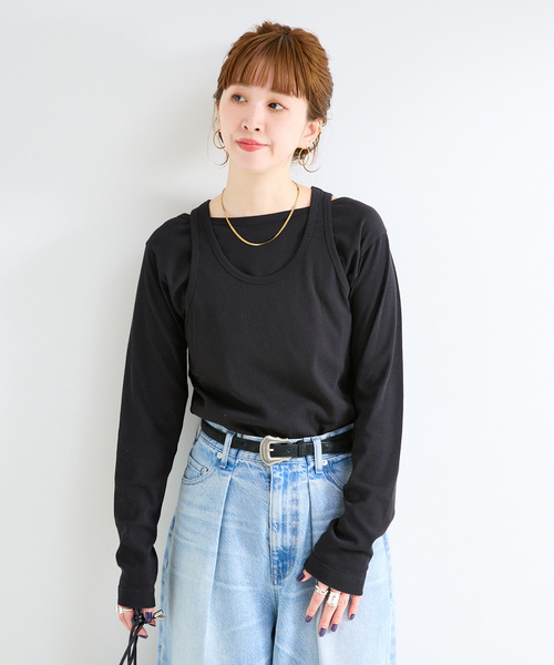 B.C STOCK(ベーセーストック)の「《2枚セット》ウォッシャブル / タンクセットロンTEE(Tシャツ/カットソー・レディース・チャコールグレー/ブラック・FREE)」の6枚目の写真