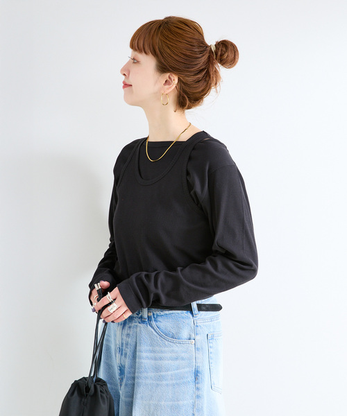B.C STOCK(ベーセーストック)の「《2枚セット》ウォッシャブル / タンクセットロンTEE(Tシャツ/カットソー・レディース・チャコールグレー/ブラック・FREE)」の7枚目の写真