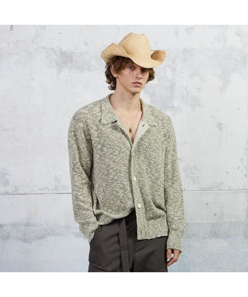 KUME(クメ)の「Men Slub Melange Knitted Cardigan, Olive(ニット/セーター・メンズ・その他・MEDIUM/LARGE)」の1枚目の写真