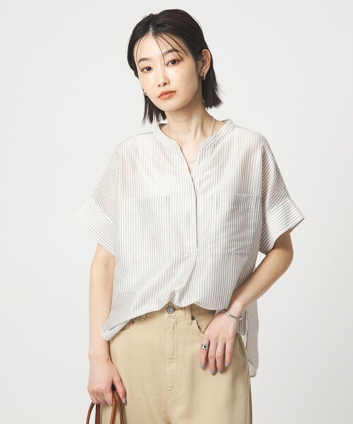 green label relaxing（グリーンレーベルリラクシング）の「カールマイヤー ポケット ショートスリーブ ブラウス マシンウォッシャブル 通気性（シャツ/ブラウス・レディース・その他1/ネイビー/コバルトブルー/レッド・FREE）」の4枚目の写真