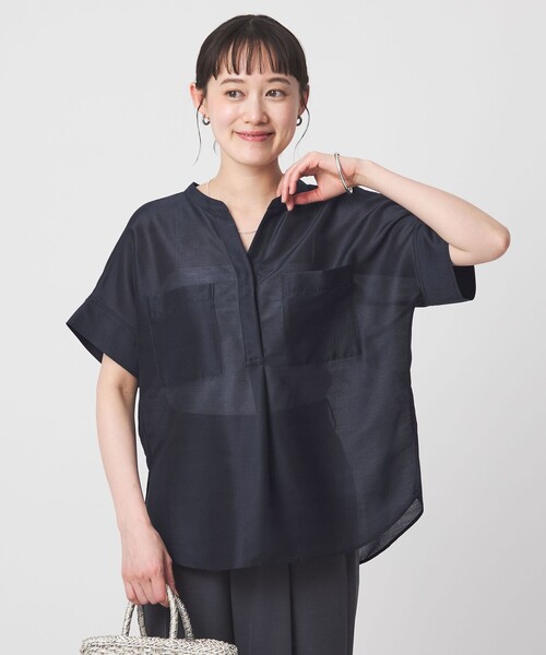 green label relaxing（グリーンレーベルリラクシング）の「カールマイヤー ポケット ショートスリーブ ブラウス マシンウォッシャブル 通気性（シャツ/ブラウス・レディース・その他1/ネイビー/コバルトブルー/レッド・FREE）」の2枚目の写真