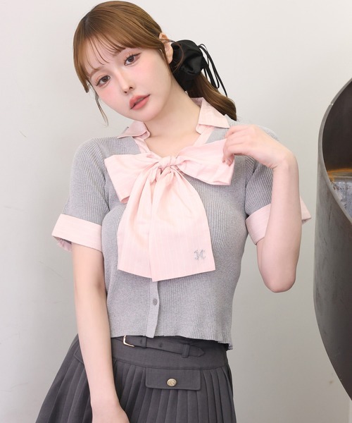 one after another NICE CLAUP(ワンアフターアナザーナイスクラップ)の「リボンシャツレイヤードトップス(シャツ/ブラウス・レディース・ネイビー/ピンク/ブラック/グレー・FREE)」の2枚目の写真