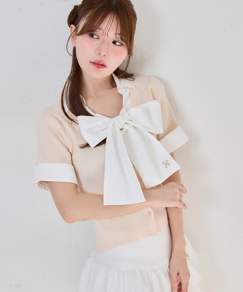 one after another NICE CLAUP(ワンアフターアナザーナイスクラップ)の「リボンシャツレイヤードトップス(シャツ/ブラウス・レディース・ネイビー/ピンク/ブラック/グレー・FREE)」の4枚目の写真