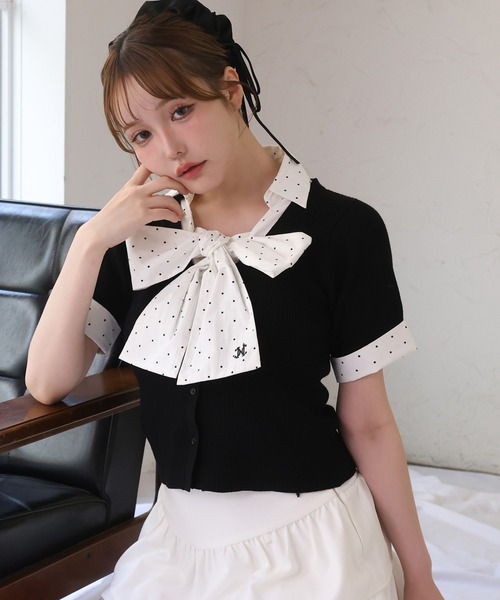 one after another NICE CLAUP(ワンアフターアナザーナイスクラップ)の「リボンシャツレイヤードトップス(シャツ/ブラウス・レディース・ネイビー/ピンク/ブラック/グレー・FREE)」の1枚目の写真