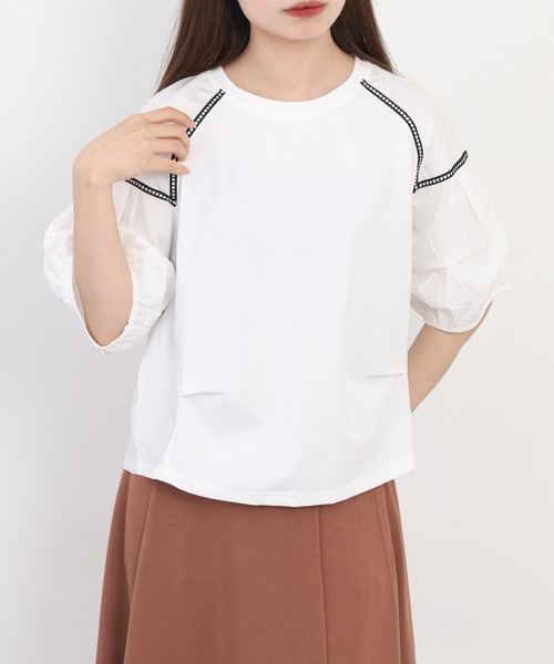 A.N.L(エーエヌエル レーベル)の「A.N.L ボリュームスリーブ切替カットソー 半端袖(Tシャツ/カットソー・レディース・ブラック/サックスブルー/オフホワイト・38)」の4枚目の写真