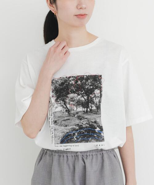 EKAL（エカル）の「フォトプリントショートスリーブTシャツ（Tシャツ/カットソー・レディース・ホワイト/ベージュ/グレー・ONE）」の10枚目の写真
