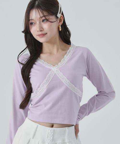 ANAP(アナップ)の「クロスレースデザイン クロップド トップス ロンT(Tシャツ/カットソー・レディース・ホワイト/ブラック×ホワイト/ブラック/ラベンダー・F)」の8枚目の写真