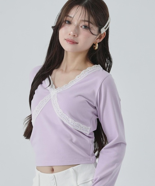 ANAP(アナップ)の「クロスレースデザイン クロップド トップス ロンT(Tシャツ/カットソー・レディース・ホワイト/ブラック×ホワイト/ブラック/ラベンダー・F)」の9枚目の写真