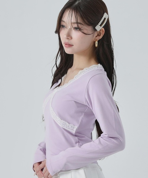 ANAP(アナップ)の「クロスレースデザイン クロップド トップス ロンT(Tシャツ/カットソー・レディース・ホワイト/ブラック×ホワイト/ブラック/ラベンダー・F)」の10枚目の写真
