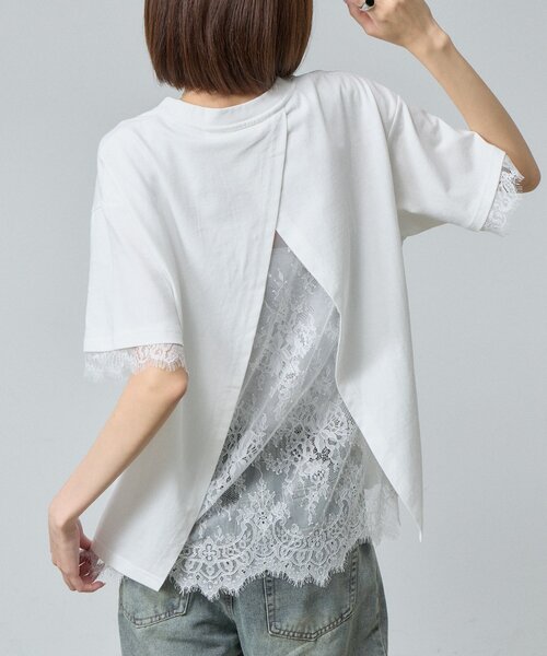 goocy(グーシー)の「バックスリットレース切替Tシャツ(Tシャツ/カットソー・レディース・ブラック/ホワイト・FREE)」の1枚目の写真