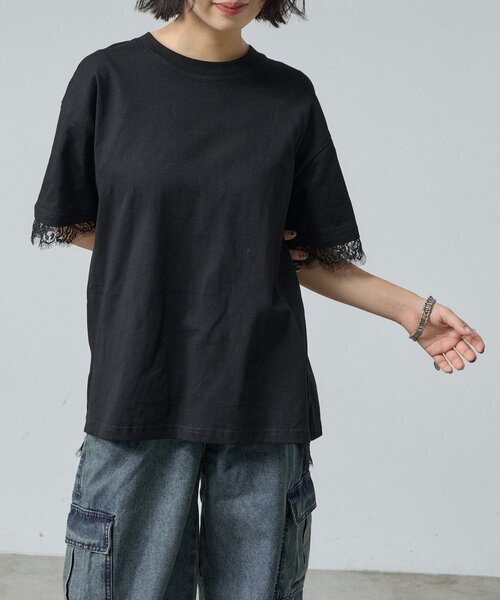 goocy(グーシー)の「バックスリットレース切替Tシャツ(Tシャツ/カットソー・レディース・ブラック/ホワイト・FREE)」の6枚目の写真