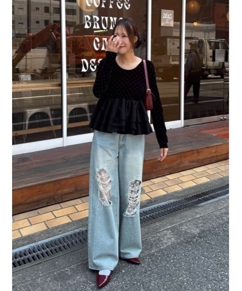 titivate(ティティベイト)の「前後2wayシアーベロアドッキングペプラムトップス(Tシャツ/カットソー・レディース・ドット/ブラック系その他/ブラック・S/M/L)」の5枚目の写真
