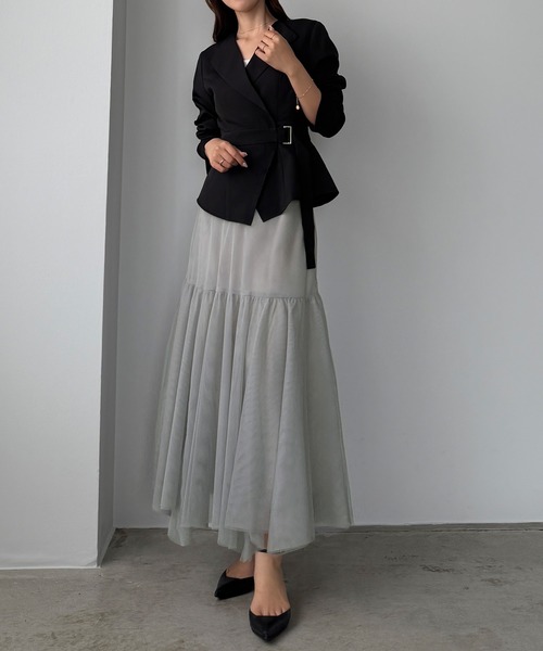 Louere（ルエレ）の「ジャケットsetチュールイレヘムスカート【一部ぺチスカートSET】（セットアップ・レディース・グレー/ベージュ/ブラック・LARGE/MEDIUM/SMALL/X-LARGE）」の4枚目の写真