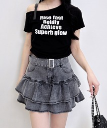 肩フェイクレザーベルトロゴTシャツ