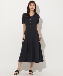 Vネックパフスリーブ半袖ワンピース