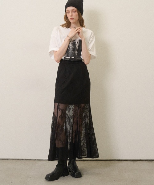 MIELI INVARIANT(ミエリインヴァリアント)の「Stretch Lace Tiered Skirt(スカート・レディース・ブラック/ホワイト・MEDIUM/SMALL)」の1枚目の写真