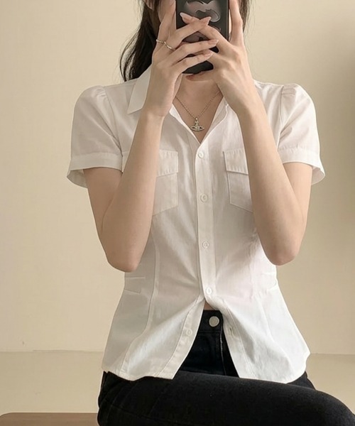 Emilie(エミリー)の「スリムフィット カラーシャツトップス(シャツ/ブラウス・レディース・ライトブルー/ホワイト・FREE)」の9枚目の写真