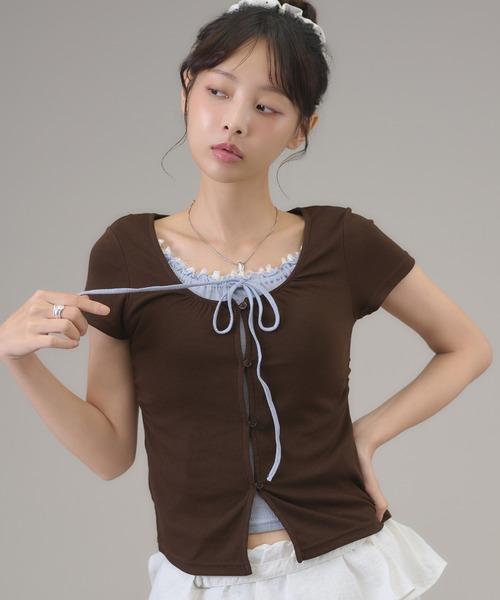 apres jour mignon（アプレジュールミニョン）の「フェイクレイヤードトップス（Tシャツ/カットソー・レディース・チャコールグレー/グレー/ブラウン系その他・フリー/LARGE）」の3枚目の写真