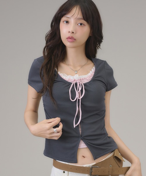 apres jour mignon（アプレジュールミニョン）の「フェイクレイヤードトップス（Tシャツ/カットソー・レディース・チャコールグレー/グレー/ブラウン系その他・フリー/LARGE）」の6枚目の写真