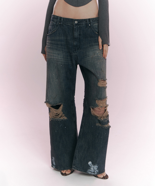 PLEASENOFOLLOW(プリーズノーフォロー)の「Jay Destroyed Wide Denim (Vintage Blue)(デニムパンツ・レディース・その他・SMALL/MEDIUM/LARGE)」の1枚目の写真