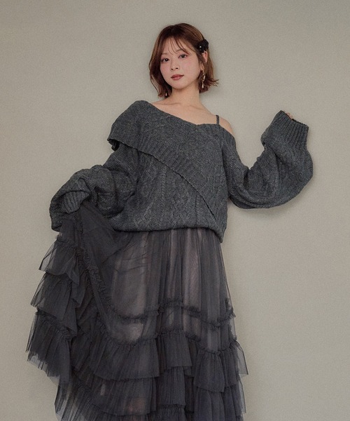mideal(マイディール)の「one shoulder cable knit / ワンショルケーブルニット(ニット/セーター・レディース・ボルドー/ピンク/ブルーグリーン/ブラウン/ダークグレー/アイボリー・FREE)」の3枚目の写真