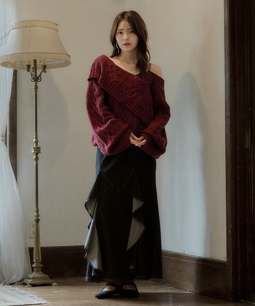 mideal(マイディール)の「one shoulder cable knit / ワンショルケーブルニット(ニット/セーター・レディース・ボルドー/ピンク/ブルーグリーン/ブラウン/ダークグレー/アイボリー・FREE)」の16枚目の写真