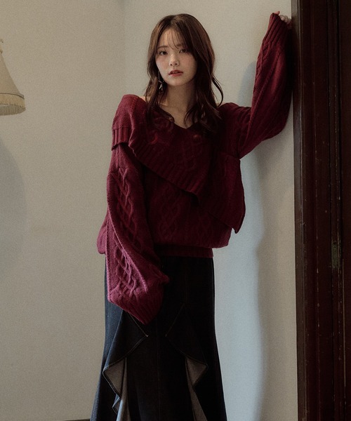 mideal(マイディール)の「one shoulder cable knit / ワンショルケーブルニット(ニット/セーター・レディース・ボルドー/ピンク/ブルーグリーン/ブラウン/ダークグレー/アイボリー・FREE)」の12枚目の写真