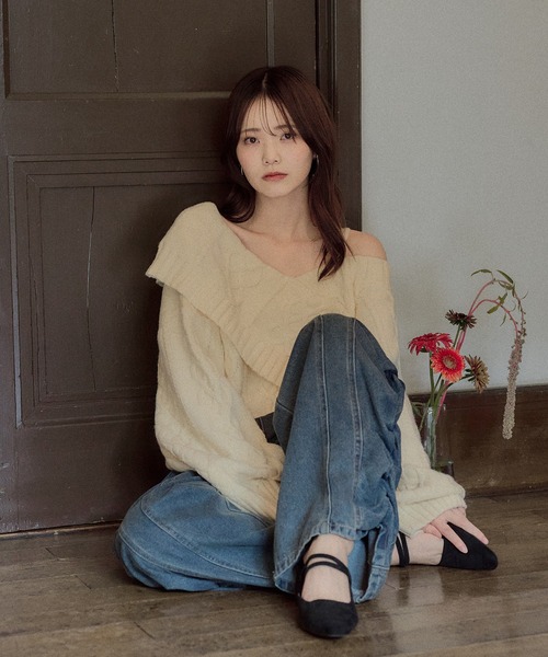 mideal(マイディール)の「one shoulder cable knit / ワンショルケーブルニット(ニット/セーター・レディース・ボルドー/ピンク/ブルーグリーン/ブラウン/ダークグレー/アイボリー・FREE)」の8枚目の写真