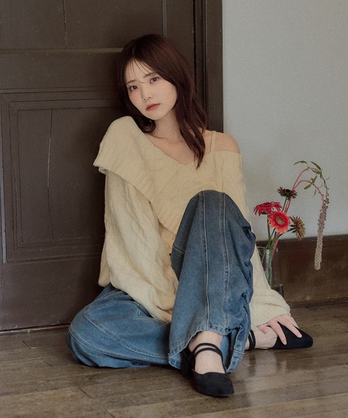 mideal(マイディール)の「one shoulder cable knit / ワンショルケーブルニット(ニット/セーター・レディース・ボルドー/ピンク/ブルーグリーン/ブラウン/ダークグレー/アイボリー・FREE)」の9枚目の写真