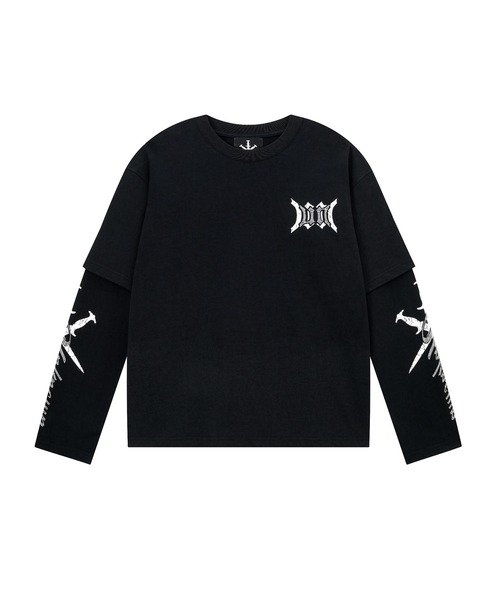 UNKNOWN LONDON（アンノウン・ロンドン）の「ロンT｜Cursive Rhinestone Layered Long Sleeve｜Unknown London（Tシャツ/カットソー・メンズ・ホワイト/ブラック・SMALL/MEDIUM）」の2枚目の写真