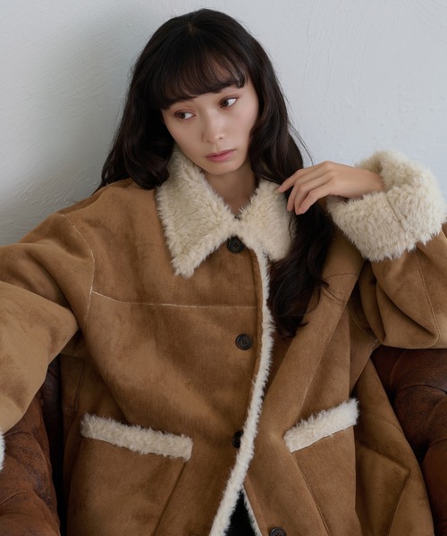 セール】フェイクレザー×フェイクファームートンショートPコート