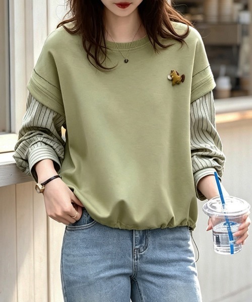 ONEP STAR（ワンピスター）の「ストライプ柄袖レイヤード風ドッキング長袖プルオーバー（Tシャツ/カットソー・レディース・グリーン/ネイビー・MEDIUM/LARGE/X-LARGE）」の3枚目の写真