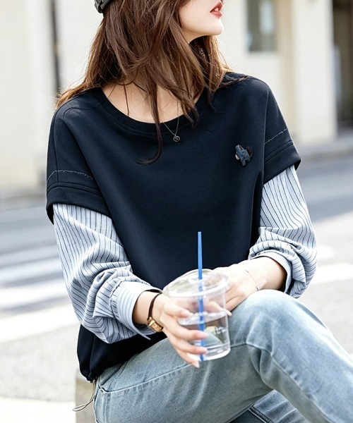 ONEP STAR（ワンピスター）の「ストライプ柄袖レイヤード風ドッキング長袖プルオーバー（Tシャツ/カットソー・レディース・グリーン/ネイビー・MEDIUM/LARGE/X-LARGE）」の9枚目の写真