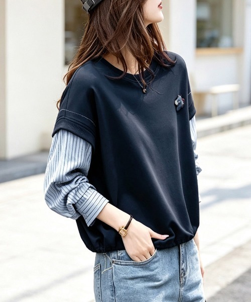 ONEP STAR（ワンピスター）の「ストライプ柄袖レイヤード風ドッキング長袖プルオーバー（Tシャツ/カットソー・レディース・グリーン/ネイビー・MEDIUM/LARGE/X-LARGE）」の11枚目の写真