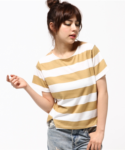 archives（アルシーヴ）の「スリットボーダープルオーバー（Tシャツ/カットソー・レディース・カーキ/ベージュ/ブラック・MEDIUM）」の3枚目の写真
