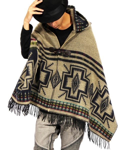 【激レア】Himalaya ハリラン　チーフジョセフ　ネイティブ柄　ロングコート 8(eight)（エイト）の「ネイティブ柄 ポンチョ フード付き マフラー