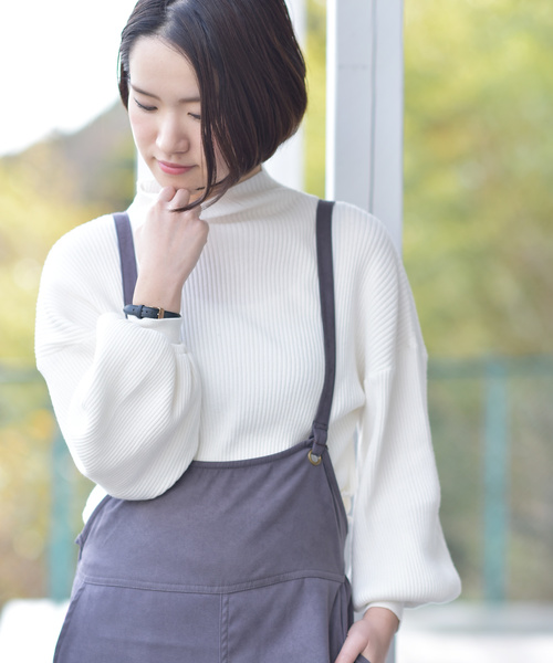 rps(アールピーエス)の「ボトルネックリブ編みボリューム袖ニットプルオーバー(ニット/セーター・レディース・ダークグリーン/杢グレー/グレー系その他/ブラック/アイボリー・M)」の1枚目の写真