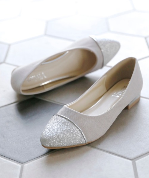 バイカラーフラットメタルヒールパンプス