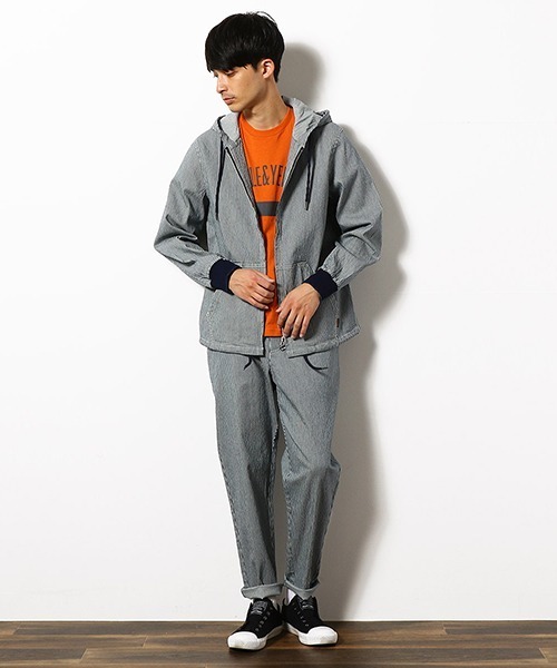 Purple&Yellow（パープルアンドイエロー）の「ヒッコリー　デニム　シェフパンツ（デニムパンツ・メンズ・ストライプ/インディゴブルー・SMALL/MEDIUM/LARGE/X-SMALL）」の8枚目の写真